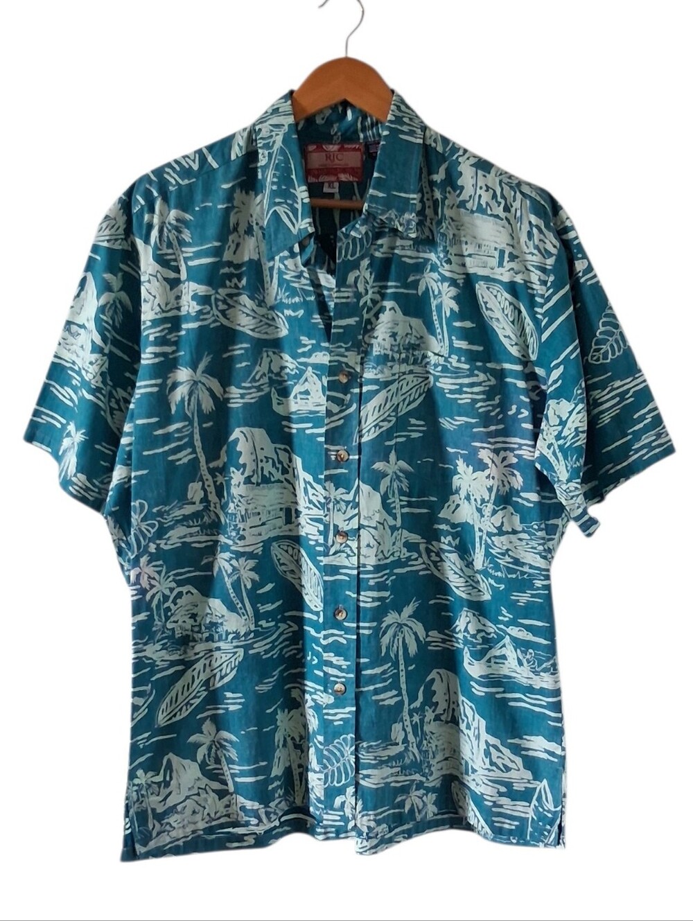 RJC Hawaiian Shirt Mens XL Teal Reverse Print  Cotton Beach Casual Vacation